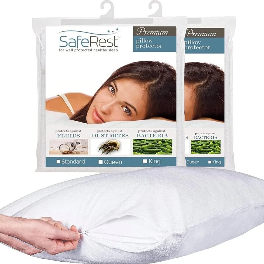 NEW SafeRest Cotton Terry Pillow Protector, Breathable, Standard 2 Pack White